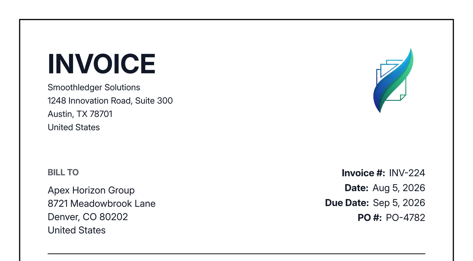 Invoice header example showing business name, address, a unique invoice number, issue date, and payment due date