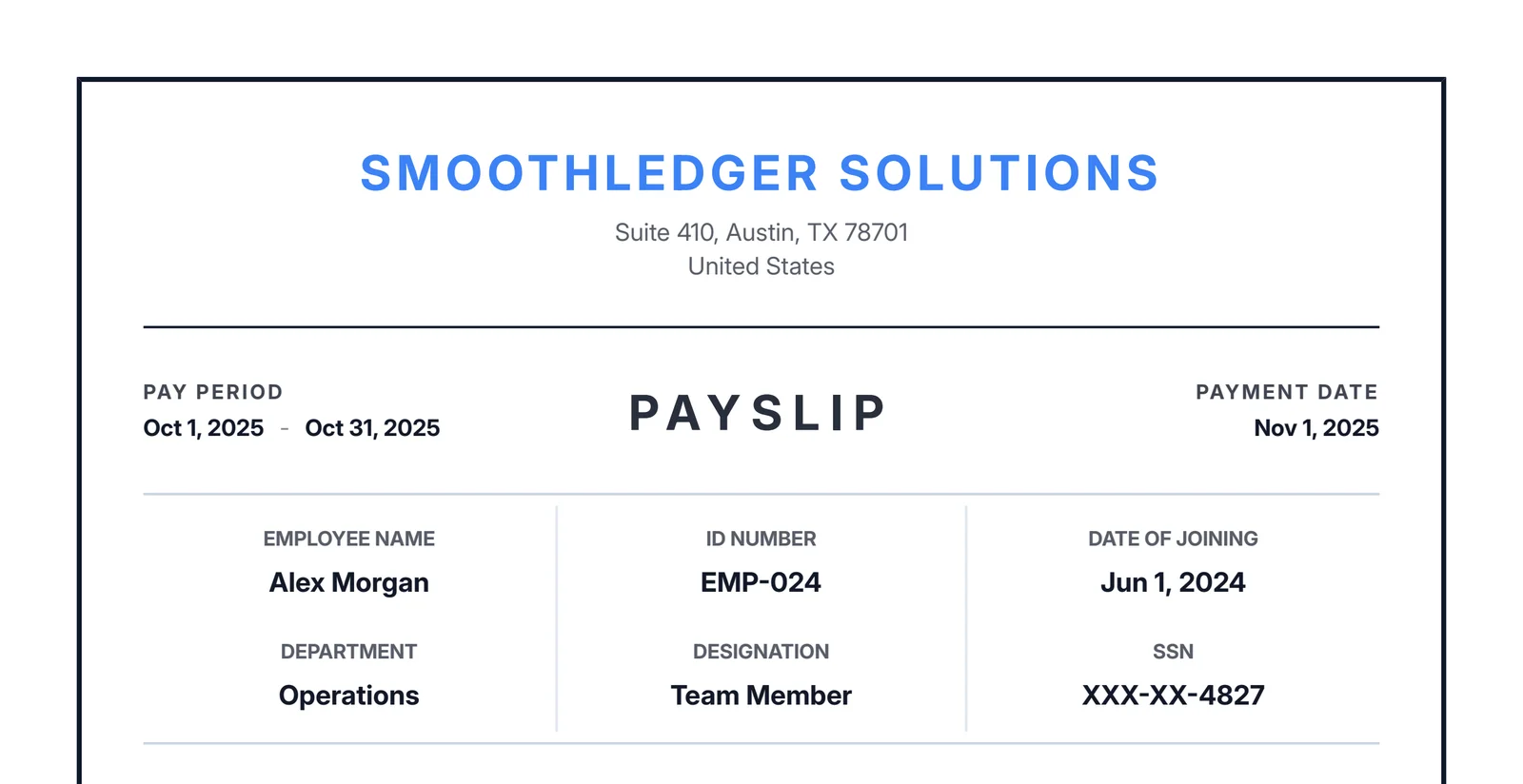 Payslip header example showing employer and employee information, pay date, and pay period