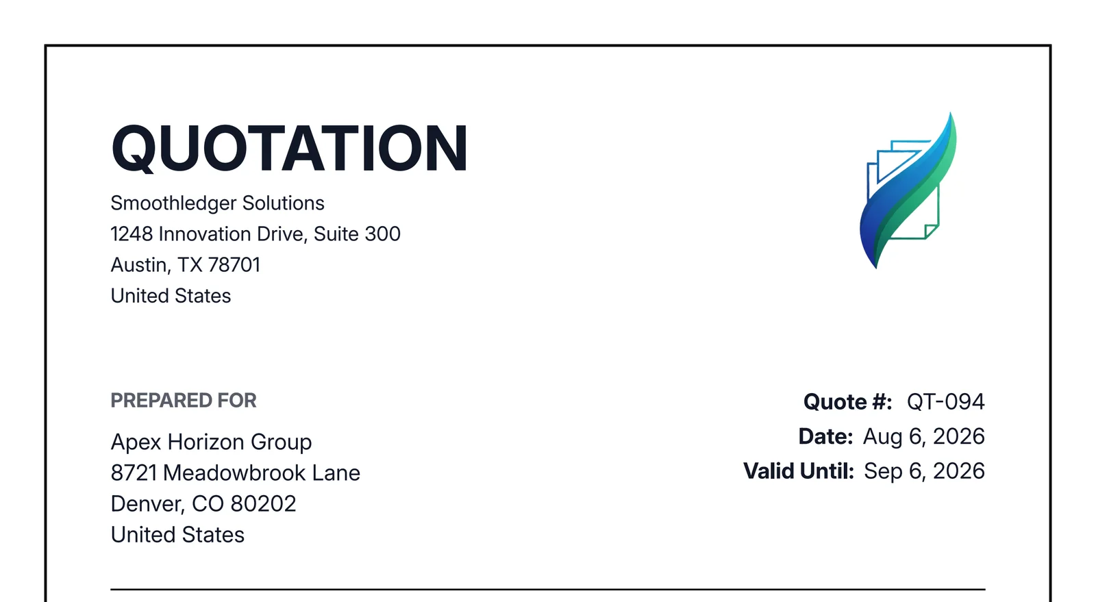 Quotation header example showing business name, address, a unique quote number, issue date, and validity period